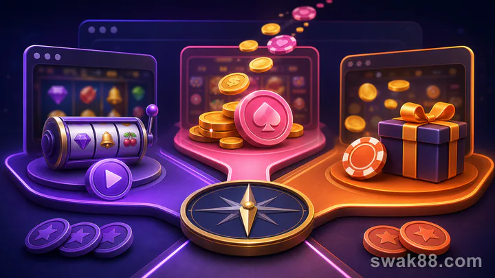 Three routes comparing provider demos, social casino play, and promotional free play