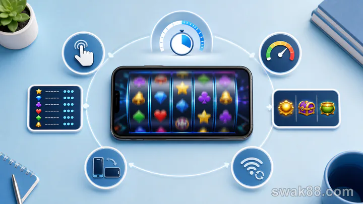 Mobile slot demo surrounded by controls, pace, paytable, bonus, and network tests