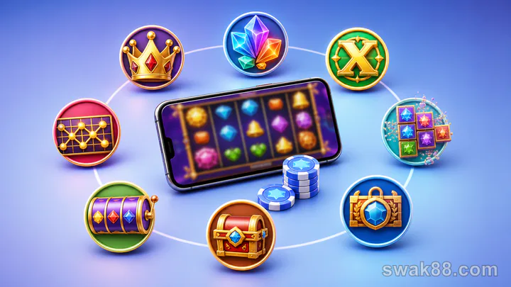 Eight free slot demo mechanics displayed around a mobile game