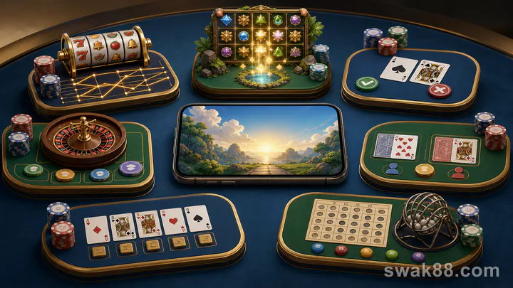 Seven free-play practice stations around a mobile phone