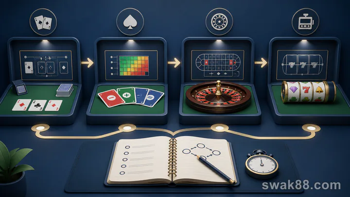 A practice path through baccarat, blackjack, roulette, and slots