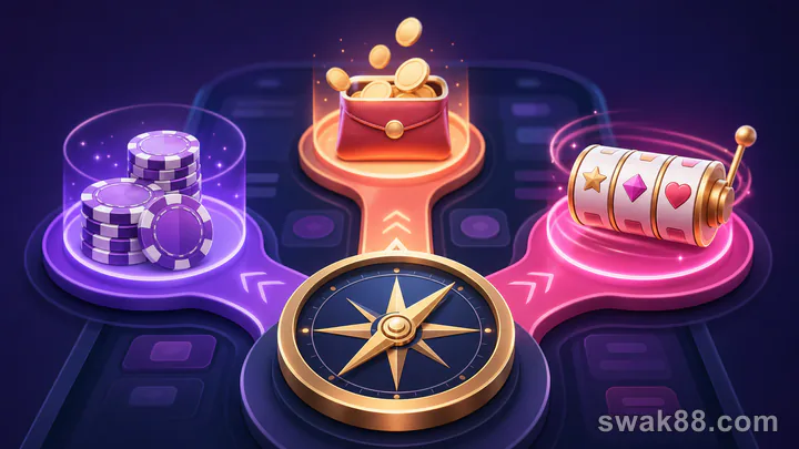 Three visual paths for demo credits, a small bonus balance, and free spins